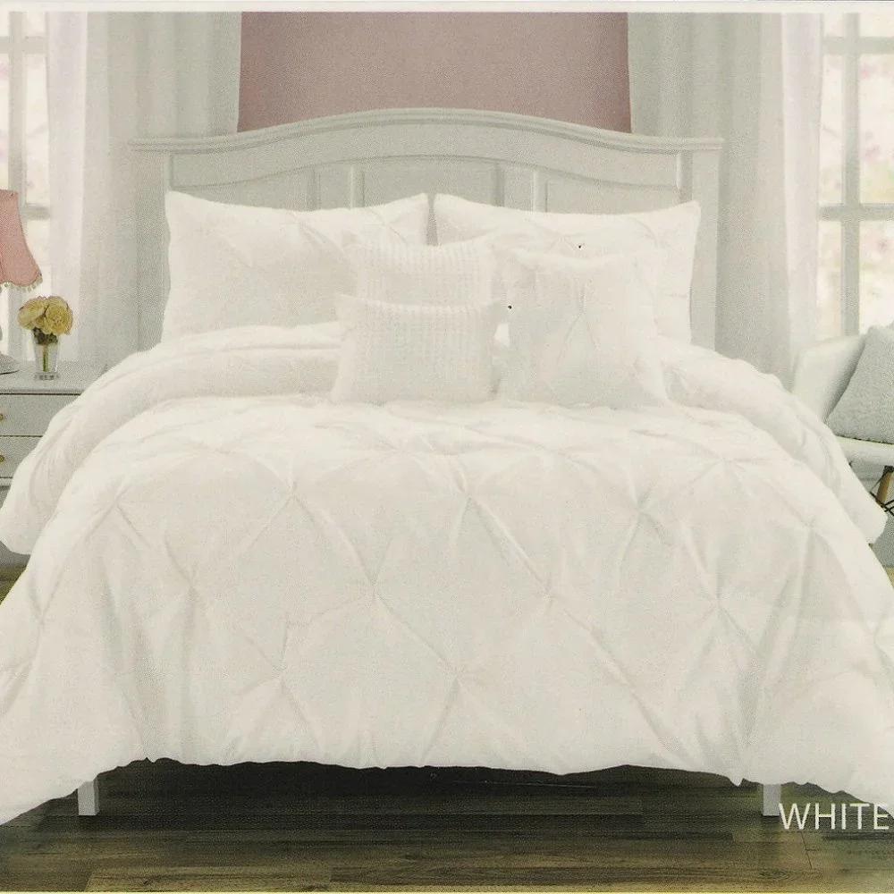 6 Piece White Comforter Set - Queen & King Size - Pintuck Comforter Set